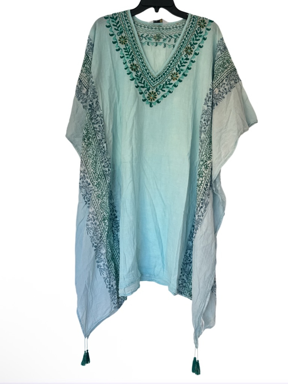 Just Bee 🐝 Light Aqua Embroidered V-Neck Kaftan Shall with Tassels - One Size